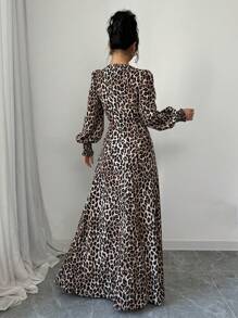 Rafferiza French Leopard Print Woven V-Neck Cross Design Lantern Sleeve Ruffle Drawstring Long Sleeve Autumn/Winter Dress For Women Maxi Women Outfit Fall Cloth For Women - Multicolor - View 2
