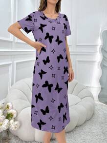 蝴蝶印花时尚女士短袖睡袍，Moo Moo