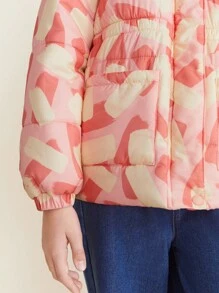 SHEIN 冬季 Tween Girl 休闲双色印花连帽棉服外套 - 粉色 - 查看 4