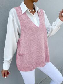 Chiquease 女式纯色 V 领双口袋休闲针织背心，秋冬 - 淺粉色 - 查看 4