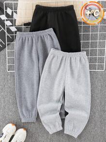SHEIN Leap Crew Bộ 3 quần dài ống rộng thoải mái màu trơn cạp trung có dây rút cho bé trai, mua 2 tặng 1, thích hợp cho du lịch, đi học, tụ họp hàng ngày, mùa thu/đông, tựu trường, mùa thu, dáng rộng, quần áo trẻ em bé trai, bộ, áo nỉ cổ tròn - Nhiều màu - Xem 5
