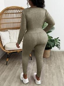 Slaydiva 2 件套：大码纯色酒红色短款圆领长袖上衣和高腰紧身裤，适合秋冬季休闲装 - 灰色 - 查看 2