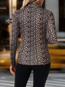 SHEIN Clasi Women's Fashion Leopard Print Thermal Lined High Neck T-Shirt, Autumn - Apricot - View 2