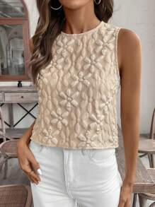 SHEIN VCAY Áo thun nữ mùa hè không tay họa tiết thường ngày đi nghỉ mát - Màu be - Xem 4