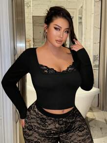 SHEIN SXY Maglietta a maniche lunghe elegante da donna, con colletto in pizzo, taglio slim, per taglie comode - nero - Visualizzare 4