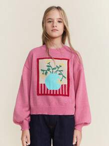 SHEIN Tween 女童图案印花圆领休闲套头毛衣 - 粉色 - 查看 1