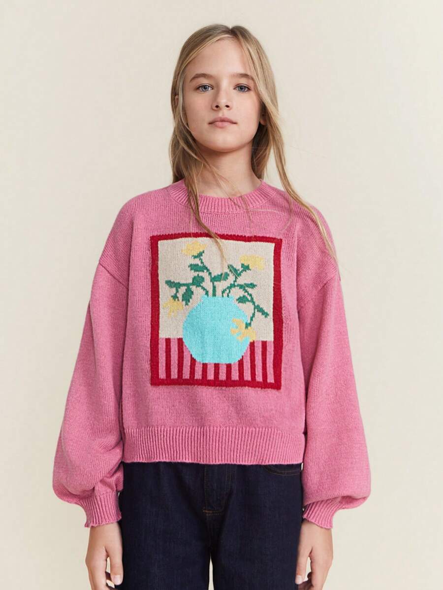 SHEIN Tween 女童图案印花圆领休闲套头毛衣 - 粉色 - 查看 1