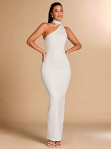 SHEIN BAE 纯色长裙，露背吊带，水晶链装饰，优雅简约的设计，适合鸡尾酒会、浪漫约会、冬季分层穿着、派对、婚礼伴娘、晚间外出