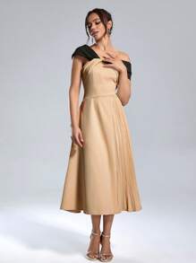 SHEIN Belle Vestido de fiesta elegante de mujer con bloque de colores, cuello asimétrico, cintura fruncida, para verano, semi formal, para fiesta de graduación, boda, invitados
