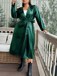 Flirla Plus Size Women Fashion Street Style Solid Color PU Leather Lapel Collar Slanted Pockets Belted Long Trench Coat