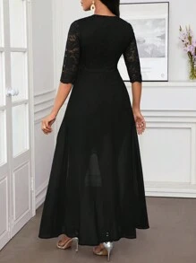 SHEIN Lady 秋冬圣诞派对礼服优雅蓝色蕾丝圆领不对称飘逸 - 黑色 - 查看 2