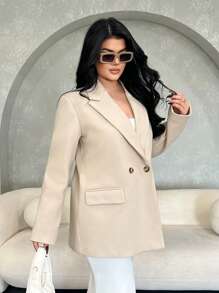 SHEIN SXY Women's Casual Loose Solid Color Notched Collar Long Sleeve Coat, Autumn/Winter, Long Coat, Long Jacket, Suitable For Office, - Light Grey - View 4