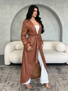 SHEIN SXY Áo khoác dài tay có thắt lưng màu nâu cá sấu có túi, áo khoác màu nâu, áo khoác dài cho nữ, áo khoác dài, áo khoác dài, phù hợp cho công sở, lễ tạ ơn, giáng sinh, thu/đông, váy áo khoác - Cà phê nâu - Xem 1