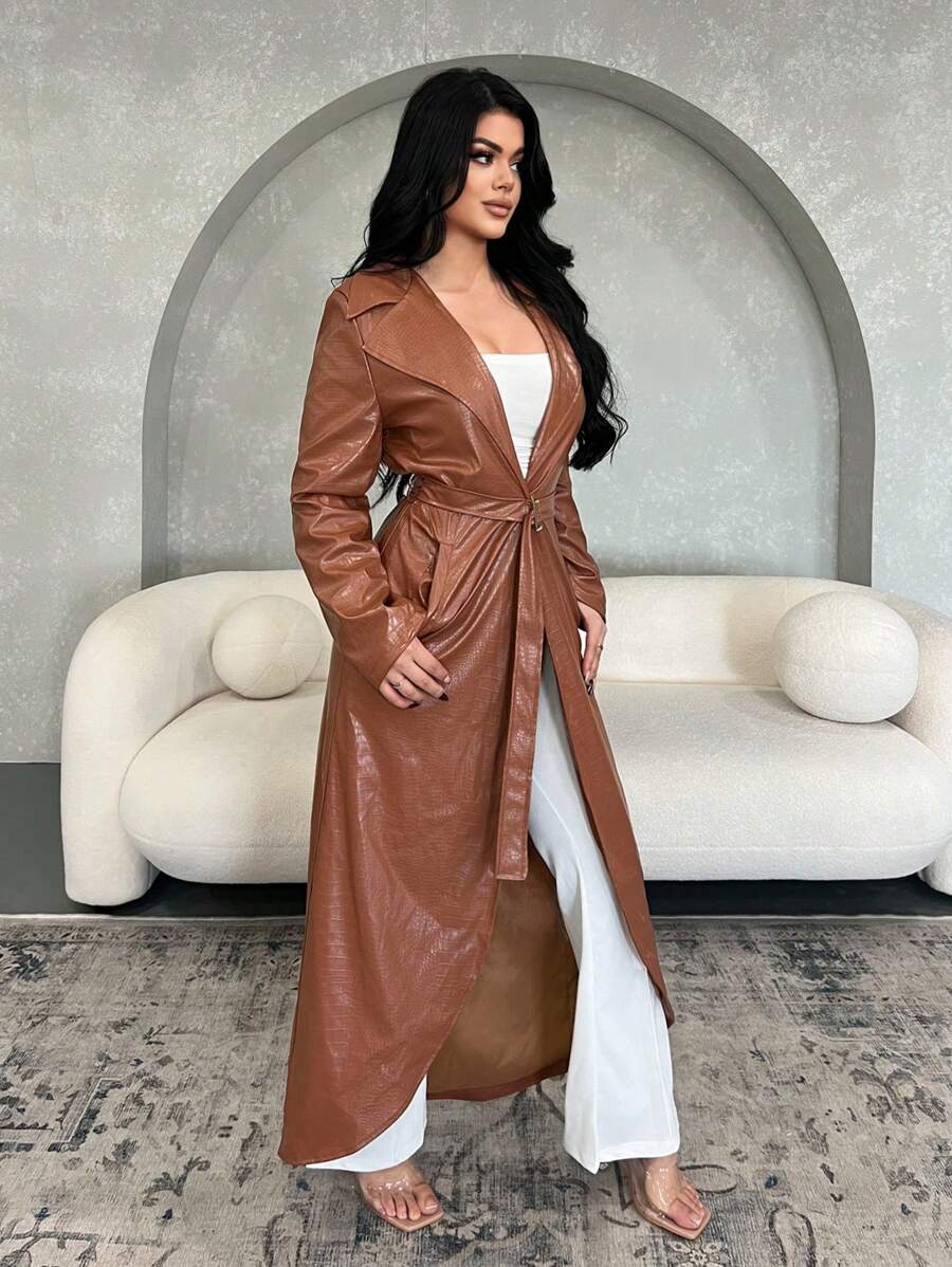 SHEIN SXY Áo khoác dài tay có thắt lưng màu nâu cá sấu có túi, áo khoác màu nâu, áo khoác dài cho nữ, áo khoác dài, áo khoác dài, phù hợp cho công sở, lễ tạ ơn, giáng sinh, thu/đông, váy áo khoác - Cà phê nâu - Xem 1