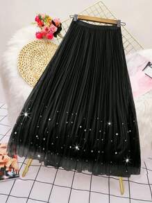 SHEIN Unity Váy lưới Maxi xếp ly màu trơn cạp chun giả ngọc trai trang trí cỡ lớn cho nữ - màu đen - Xem 1
