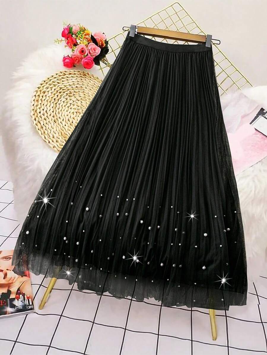 SHEIN Unity Váy lưới Maxi xếp ly màu trơn cạp chun giả ngọc trai trang trí cỡ lớn cho nữ - màu đen - Xem 1