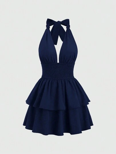 Sweetra 1pc Elegant Solid Color Cinched Waist Open Back Sling Midi Dress Y2K Outfit Christmas Holiday Party Dress 