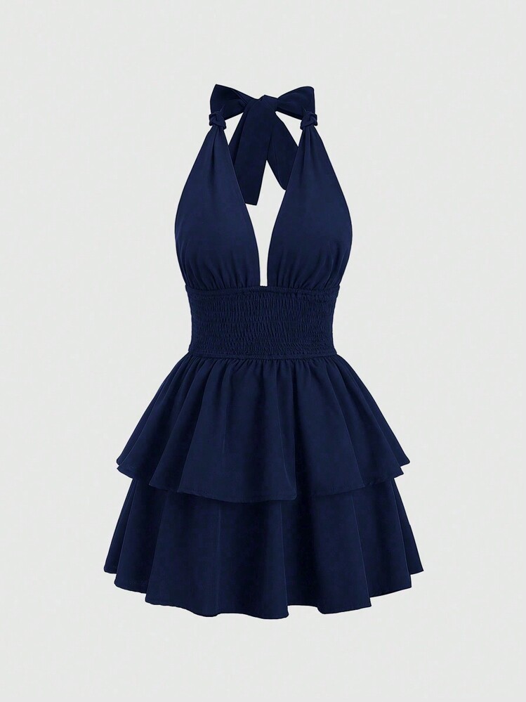 Sweetra 1pc Elegant Solid Color Cinched Waist Open Back