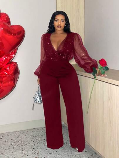 Slaydiva Plus Size Glitter Sheer V-Neck Jumpsuit, Hot Valentine's Day Night Outfit