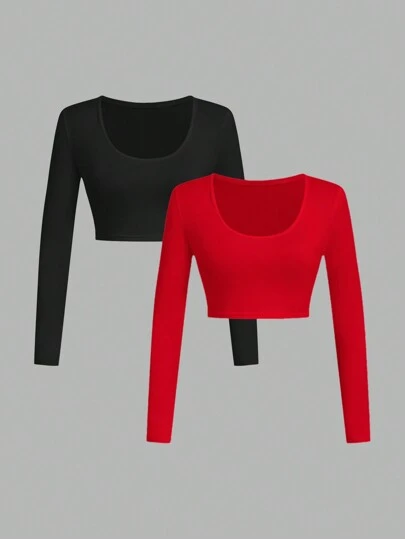 SHEIN SXY 2pcs Women's Casual Solid Color Cropped T-Shirt, Spring/Summer Basic Tees