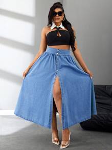SHEIN SXY Plus Size Plain Front Button Up Casual Versatile Long Denim A-Line Skirt