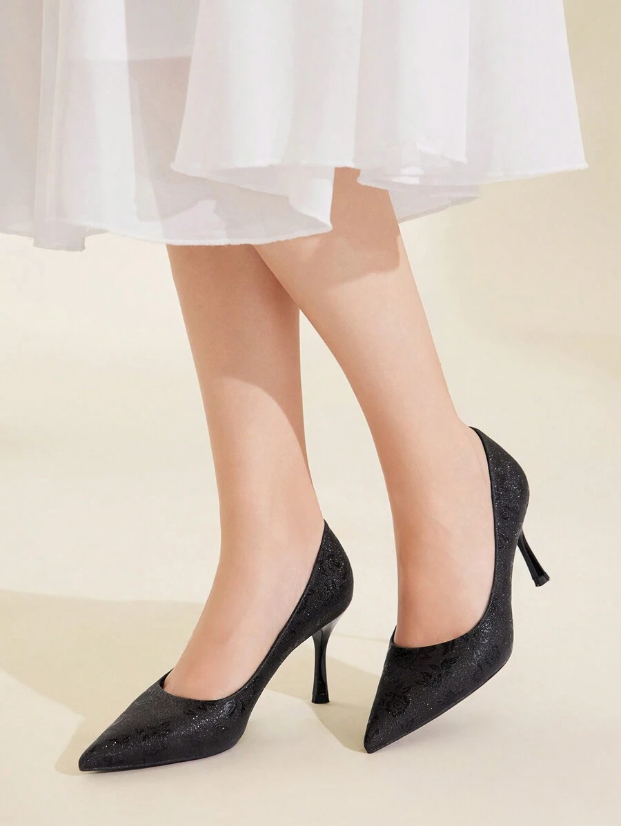 CUCCOO CHICEST Pointed Toe High Heel Floral Print Pumps For Women - Black - View 1