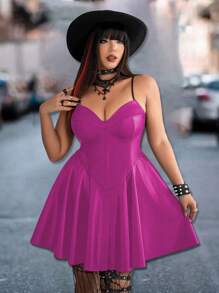 Flirla 加大码女式哥特式褶皱后背 A 字型 PU 无袖吊带裙，不含紧身胸衣哥特女装