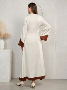 Al Najma 1 件女式优雅花卉刺绣腰部荷叶边连衣裙，秋季，端庄优雅的长款 Jalabiya 长袖阿拉伯连衣裙，适合休闲日常 - 杏色 - 查看 7