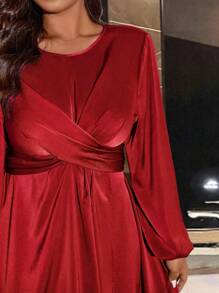 Cravure 圆领交叉系带开衩纯色缎面优雅长裙新年服装长款女装婚礼 - 紅色 - 查看 5