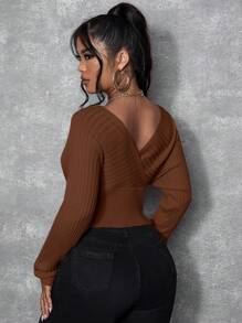 SHEIN SXY Casual Pullover V-Neck Off Shoulder Sweater, Minimalist And Fashionable For Everyday Wear - Coffee Brown - View 2