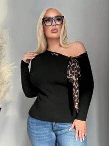 SHEIN SXY Jersey de punto con hombros descubiertos, lazo y estampado de leopardo, talla grande, cómodo para otoño/invierno - Negro - Ver 1