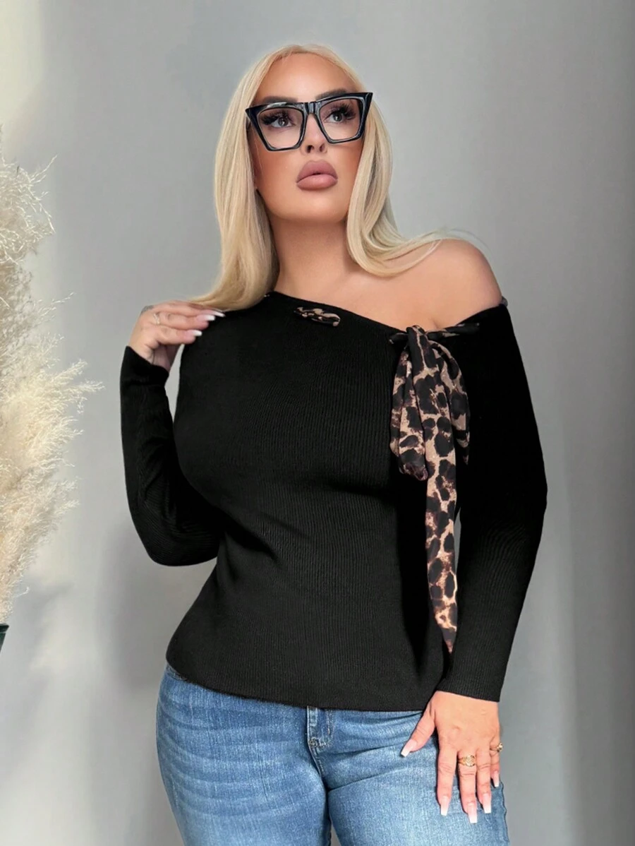 SHEIN SXY Jersey de punto con hombros descubiertos, lazo y estampado de leopardo, talla grande, cómodo para otoño/invierno - Negro - Ver 1