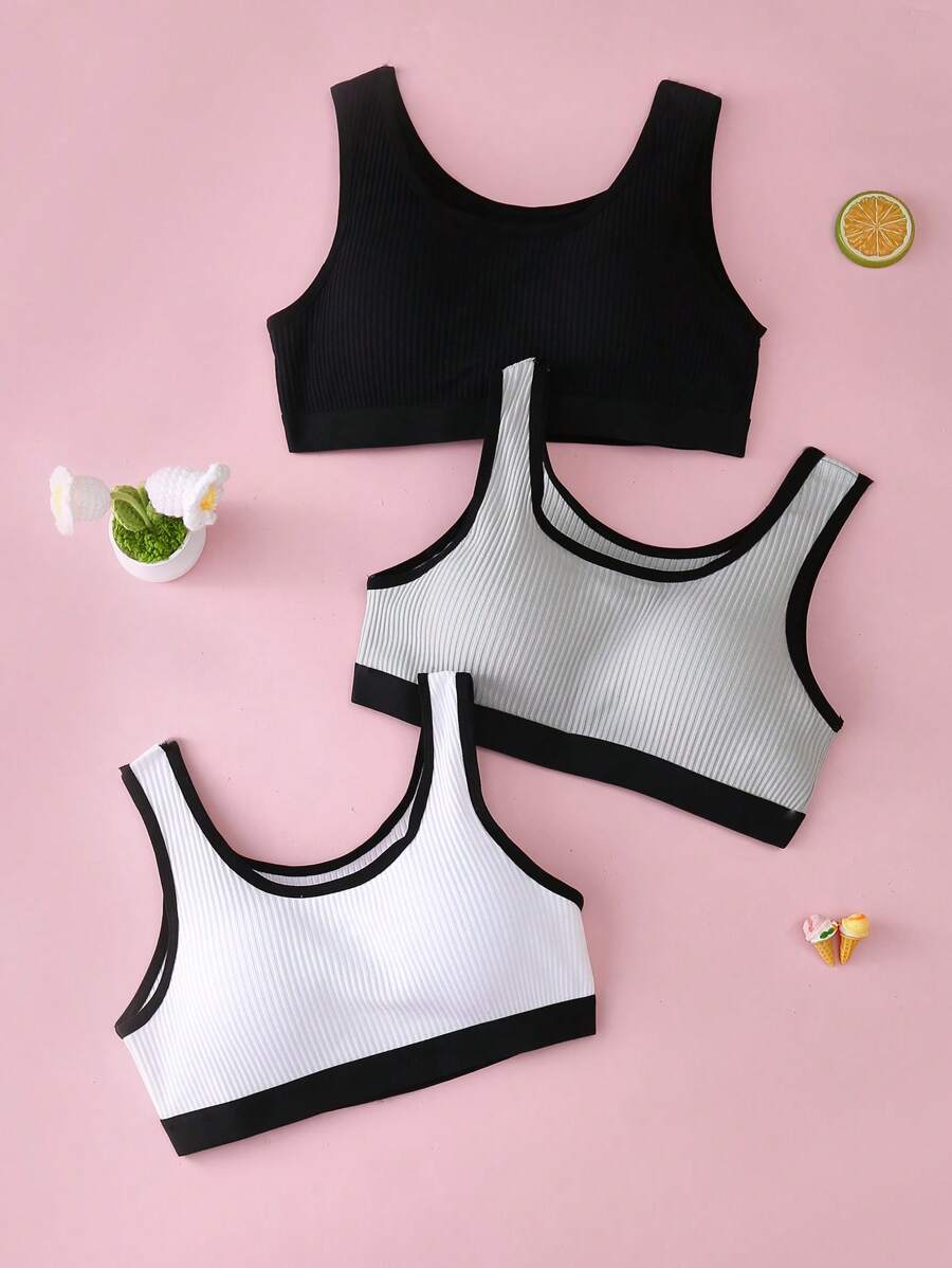 3pcs Teenage Girls Minimalist Ribbed Comfy Underwear Set