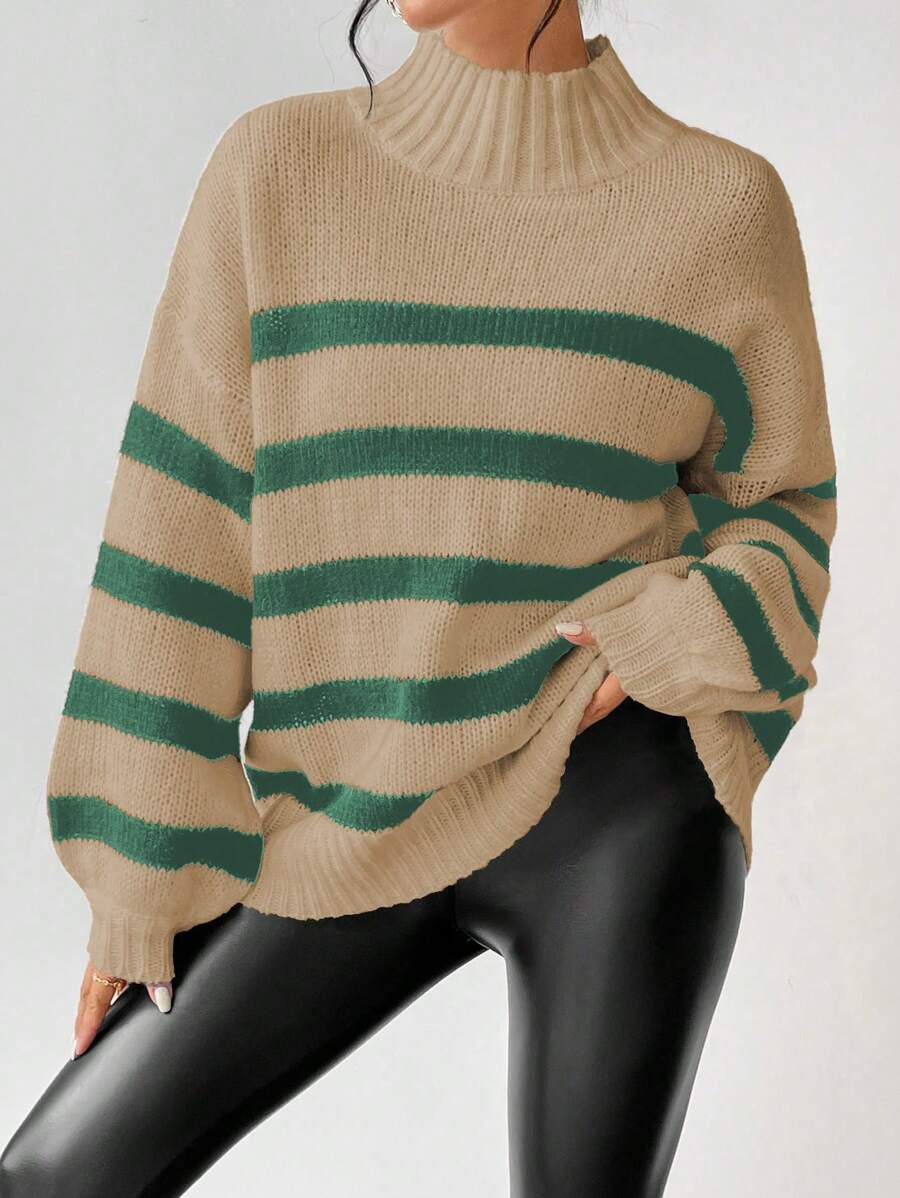 SHEIN LUNE Striped Pattern Stand Collar Casual All-Match Long Sleeve Pullover Sweater Knit Pullover Fall Winter - Brown - View 1