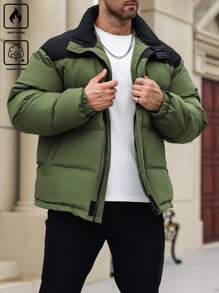 Manfinity Homme Plus Size Men's Casual Colorblock Long Sleeve Zip Front Padded Coat, Winter Going Out Bubble Coat Green Winter Coat, For Friends, Husband, Boyfriend Gifts - Multicolor - View 1