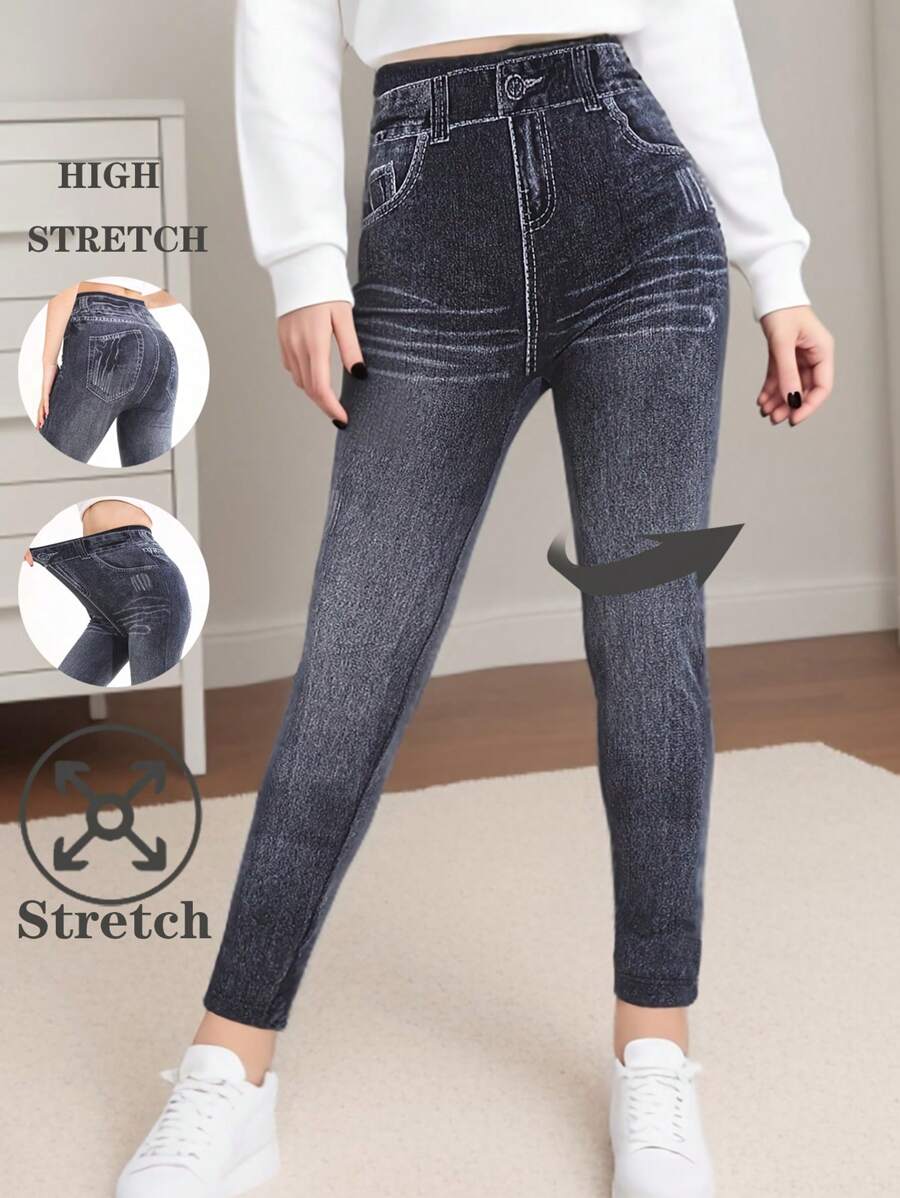 European American Fashion Simple Black Denim Effect Elastic Waist Casual Leggings Soft Comfortable Fitness Running Sports Pants Yoga Home Exercise Outdoor Walking Skinny Cropped Tights Spring - Black - View 1