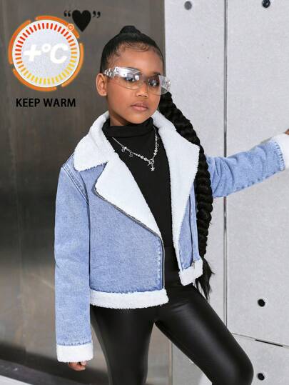 SHEIN 1 pièce Veste blouson court doublée en peluche, poches décontractées pour l'automne et l'hiver. Veste en jean ample avec revers, manches régulières et fermeture éclair pour les adolescentes. Gardez-vous au chaud en hiver avec cette mode d'hiver