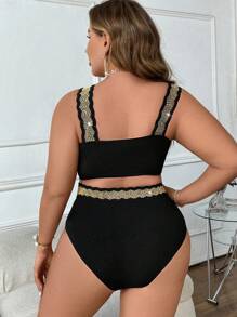 SHEIN Swim Curve 夏季海滩加大码女式比基尼套装带抽绳和水钻装饰 - 黑色 - 查看 2