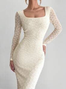 SHEIN Essnce فستان طويل الأكمام أبيض أنيق مزخرف نسيج مضلع مناسب لعيد الشكر ، فستان خريفي، فستان كاجوال بلون أبيض مصمم بتداخل دانتيل على الرقبة المربعة - لون مشمشي - مشاهدة 6