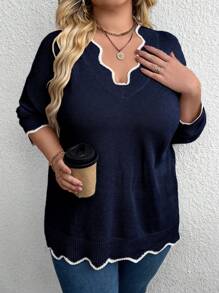 SHEIN CURVE+ 大码撞色饰边毛衣，秋冬季休闲款 - 寶藍色 - 查看 4