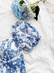 Soleia Women's Holiday Blue & White Floral Print Sweetheart Neck Puff Sleeve Ruffle Hem Patchwork Short Shirt - Multicolor - View 5