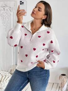 SHEIN LUNE Plus Size Women's Zippered Lapel Heart Jacquard Pullover Sweaterbusiness Casual Woman,Holiday Outfits,Country Tops, For Winter
