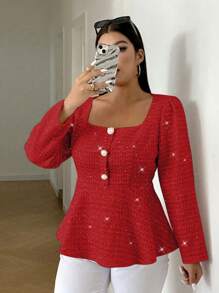 Flirla Plus Size Autumn/Winter Square Collar Textured Fabric Long Sleeve Shirt With Decorative Buttons And Peplum Hem, Elegant And Cute For Dating For New Year Clothes Peplum Top Fall Cloth For Women