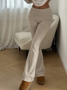 Aloruh 极简主义通勤与家居服杏色高腰紧身喇叭女式针织裤