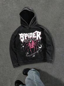 Manfinity EMRG 男士纯棉超大款复古水洗酸洗连帽卫衣，男士连帽衫，秋季男装，万圣节服装 - 黑色 - 查看 1