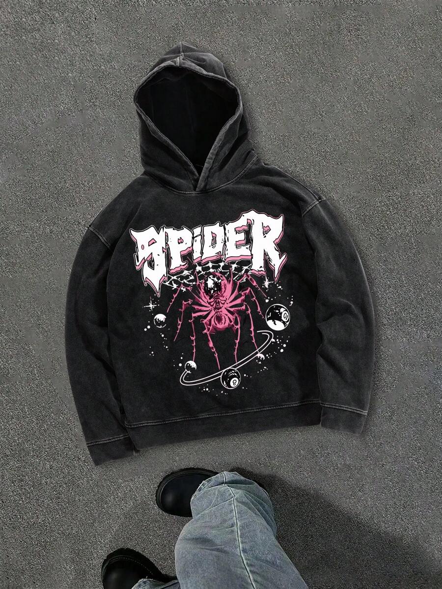 Manfinity EMRG 男士纯棉超大款复古水洗酸洗连帽卫衣，男士连帽衫，秋季男装，万圣节服装 - 黑色 - 查看 1