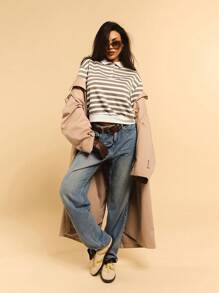 Athîral Women Casual Striped Polo Collar Drop Shoulder Long Sleeve Loose T-Shirt, Autumn