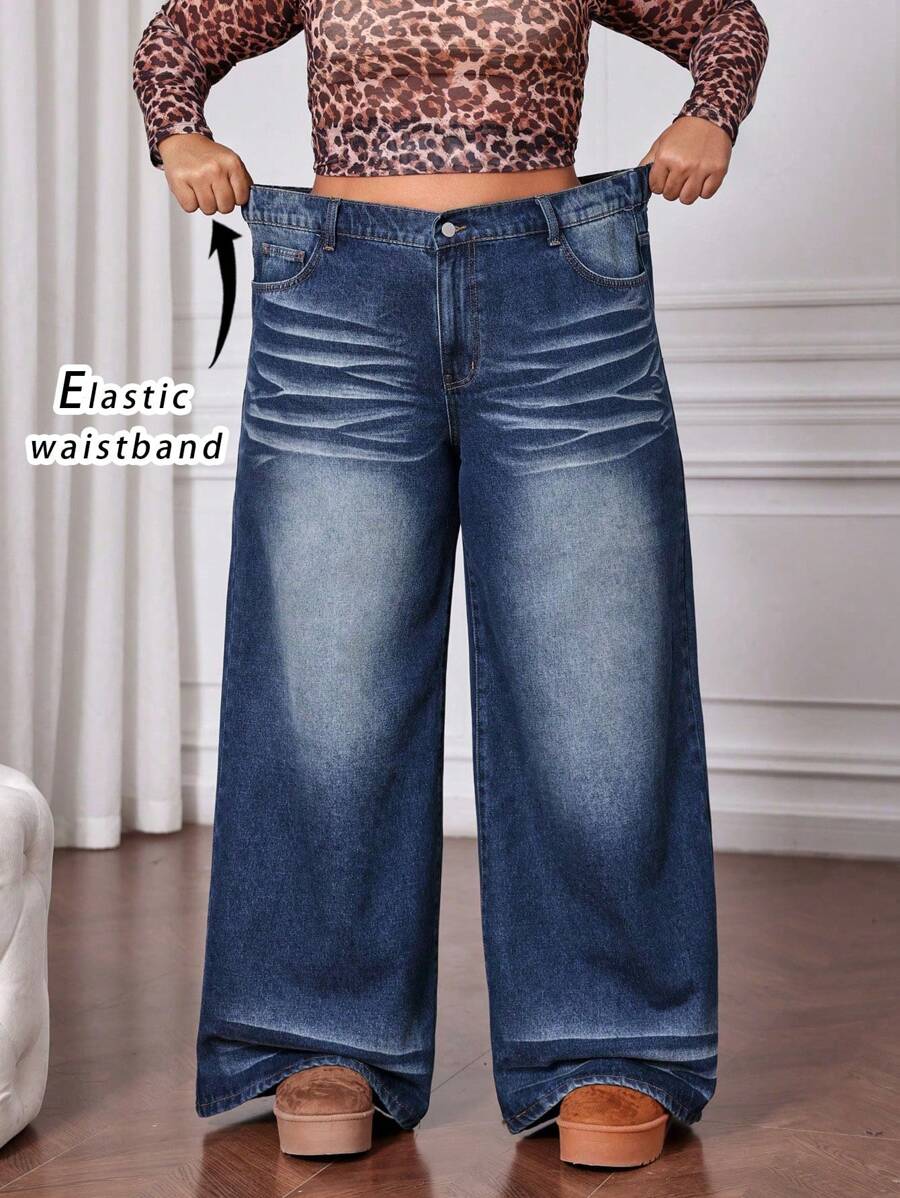 SHEIN CURVE+ Quần Jeans Ống Rộng Màu Xanh Cổ Điển Cỡ Lớn Cho Nữ - Rửa trung bình - Xem 1