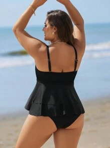 Swim Lushoire Conjunto de traje de baño tankini de talla grande con volantes para el verano - Negro - Ver 2