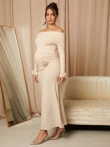 MaterniChic Women's Autumn/Winter Solid Color Asymmetric Shoulder Rose Knot Fishtail Bodycon Party Dress, Maternity Formal Gown, Party Wear